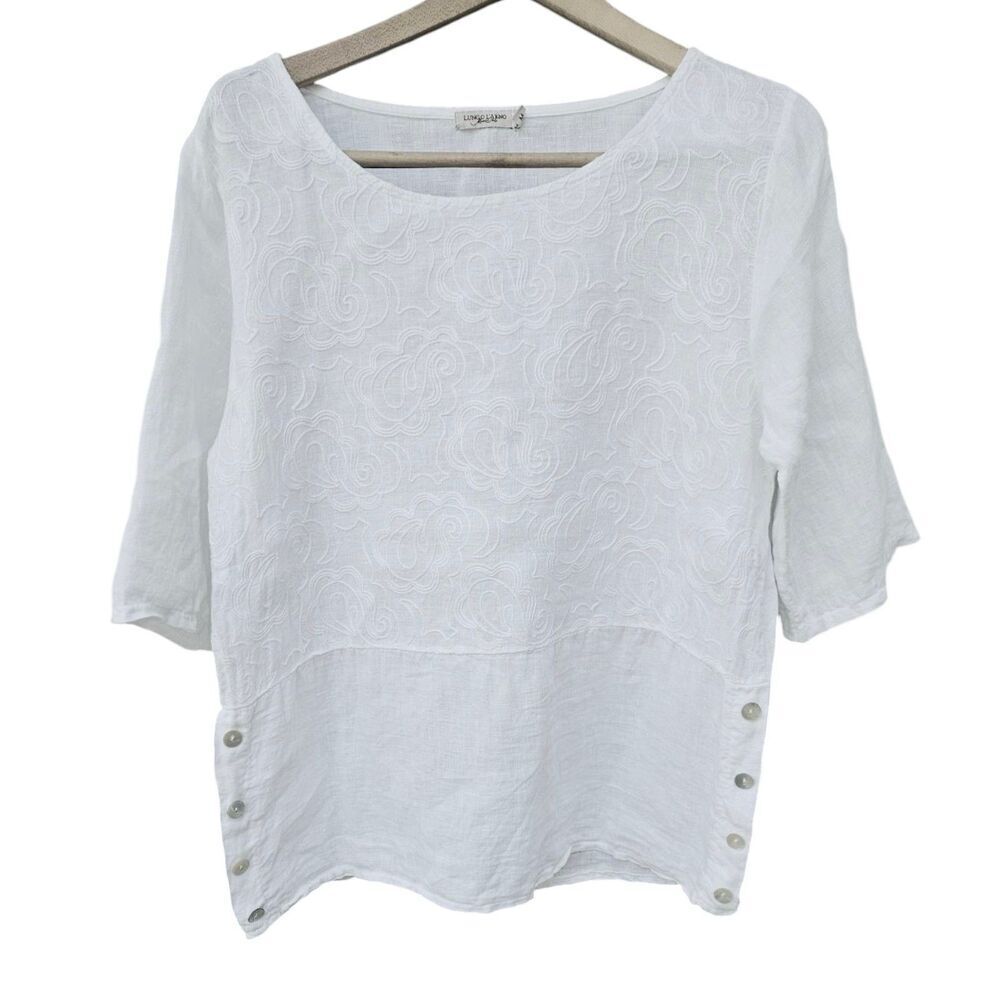 Lungo L' Arno Med White Floral Embroidered 100% Linen Tunic Italy Lagenlook